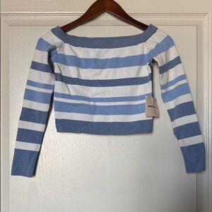 superdown Off-Shoulder Sweater in Blue and White Stripes
